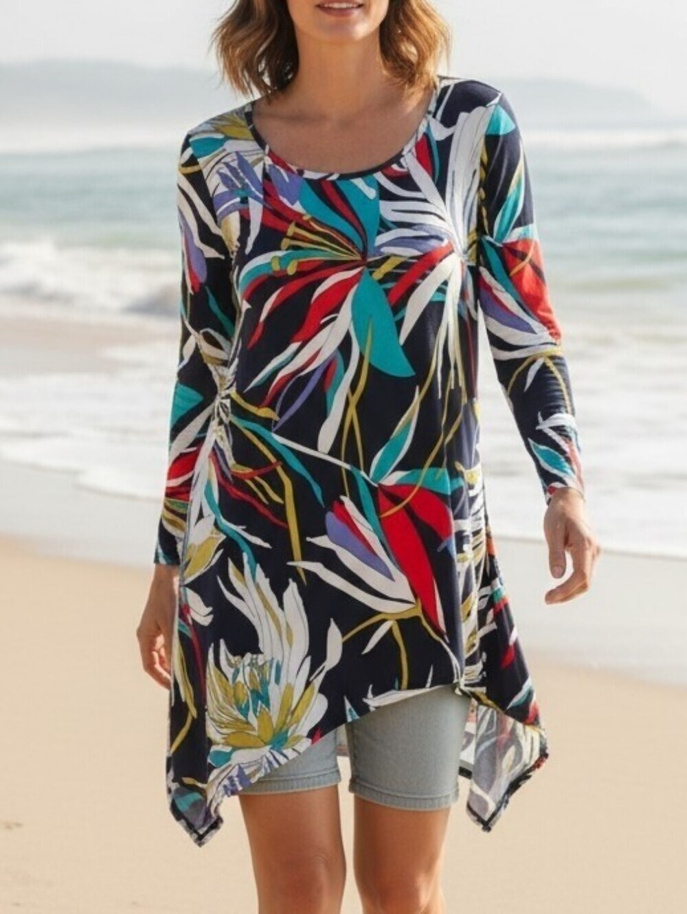Clara Sun Woo -NWOT Asymmetrical Floral Tunic 3/4 Sleeve Scoop Neck, Size XS USA